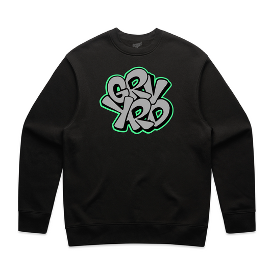 black crewneck, GRYRD crewneck, screen printed crewneck, skateboarding crewneck, graffiti artist crewneck, San Francisco Bay Area crewneck, hand screen printed sweatshirt, urban art clothing, bold bubble script crewneck, durable skateboarding crewneck