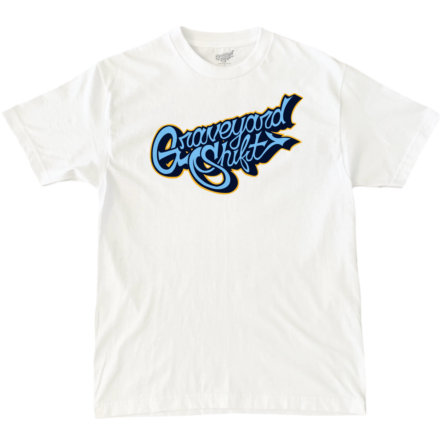 graveyard shift , white t shirt, idnight blue , light blue