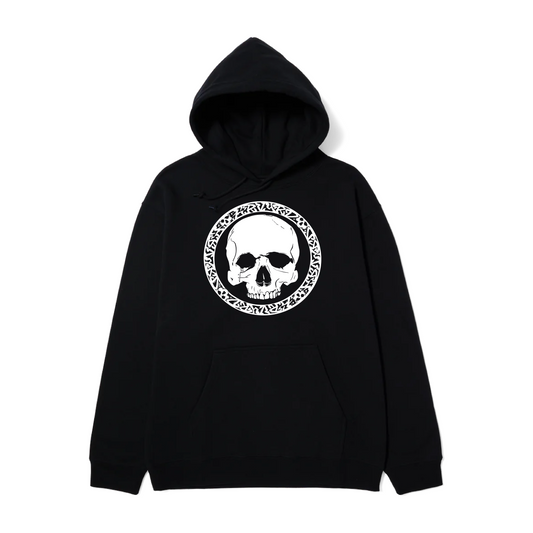 black hoodie, skull crest hoodie, screen printed hoodie, skateboarding hoodie, graffiti artist hoodie, San Francisco Bay Area hoodie, hand screen printed hoodie, urban art clothing, skateboarding apparel, streetwear hoodie, graffiti clothing, artistic hoodie design, high-quality cotton hoodie, durable hoodie for skaters, stylish skateboarding hoodie, unique hoodie design, premium streetwear, skull art hoodie, everyday wear hoodie, black hoodie with skull print